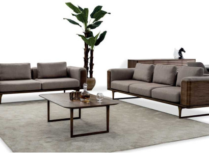 Design Living room Set 2x Sofas with Coffee table Luxury Wood with Textile